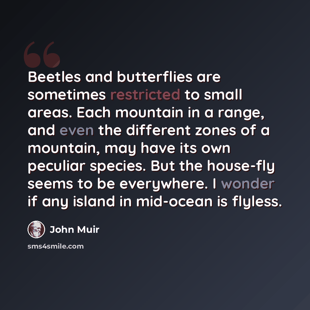 “Beetles and butterflies are sometimes restricted to small areas. Each mountain in a range, and even the different zones of a mountain, may have its own peculiar species. But the house-fly seems to be everywhere. I wonder if any island in mid-ocean is flyless.” quote by John Muir