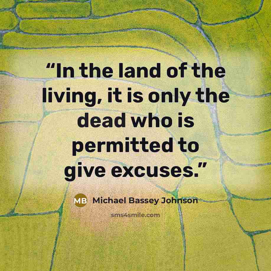 “In the land of the living, it is only the dead who is permitted to give excuses.” quote by Michael Bassey Johnson