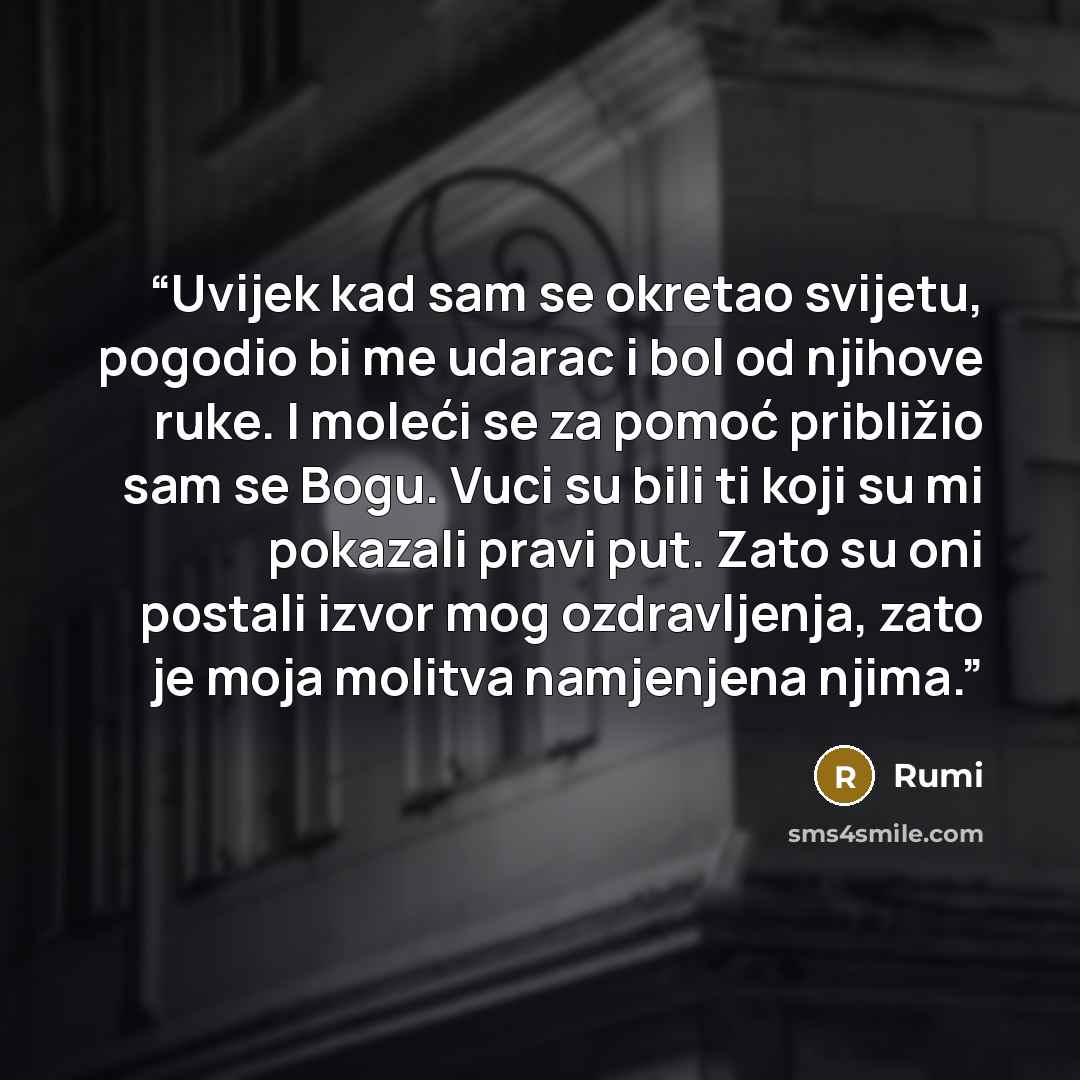 “Uvijek kad sam se okretao svijetu, pogodio bi me udarac i bol od njihove ruke. I moleći se za pomoć približio sam se Bogu. Vuci su bili ti koji su mi pokazali pravi put. Zato su oni postali izvor mog ozdravljenja, zato je moja molitva namjenjena njima.” quote by Rumi