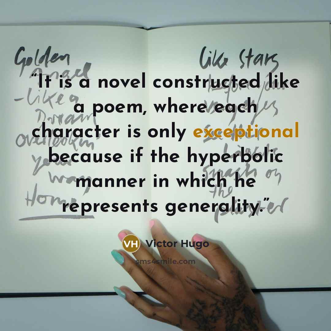 “It is a novel constructed like a poem, where each character is only exceptional because if the hyperbolic manner in which he represents generality.” quote by Victor Hugo