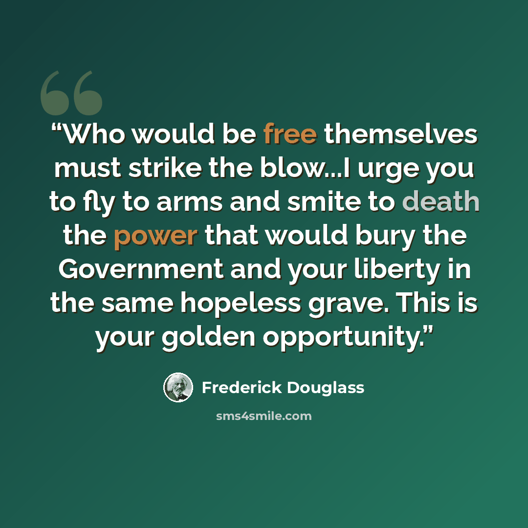 “Who would be free themselves must strike the blow...I urge you to fly to arms and smite to death the power that would bury the Government and your liberty in the same hopeless grave. This is your golden opportunity.” quote by Frederick Douglass