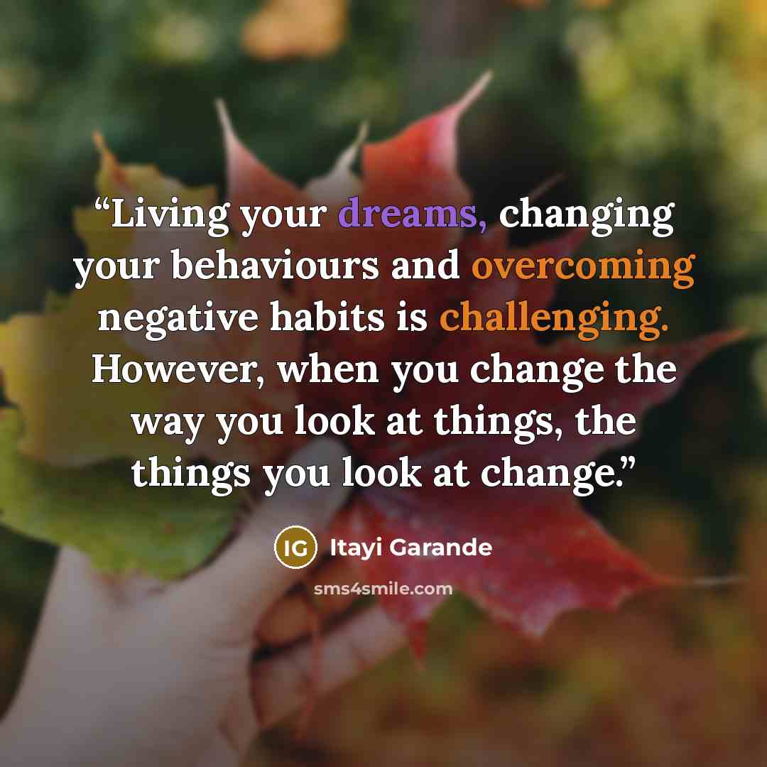 “Living your dreams, changing your behaviours and overcoming negative habits is challenging. However, when you change the way you look at things, the things you look at change.” quote by Itayi Garande