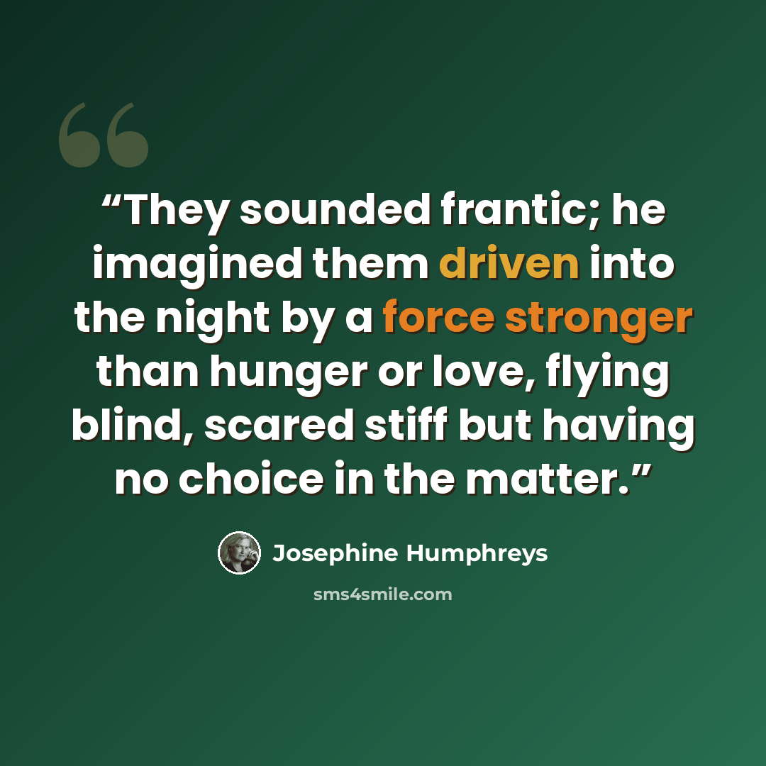 “They sounded frantic; he imagined them driven into the night by a force stronger than hunger or love, flying blind, scared stiff but having no choice in the matter.” quote by Josephine Humphreys