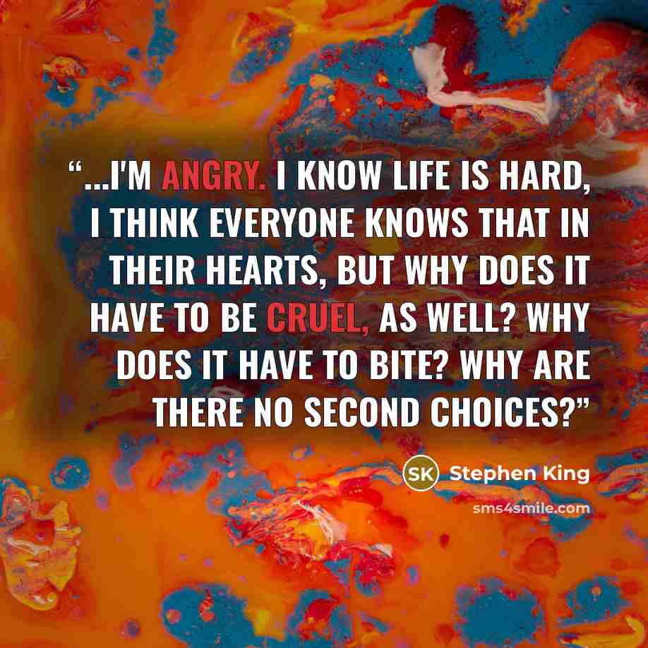“...I'm ANGRY. I know life is hard, I think EVERYONE knows that in their hearts, but why does it have to be cruel, as well? Why does it have to BITE? Why are there no second choices?” quote by Stephen King