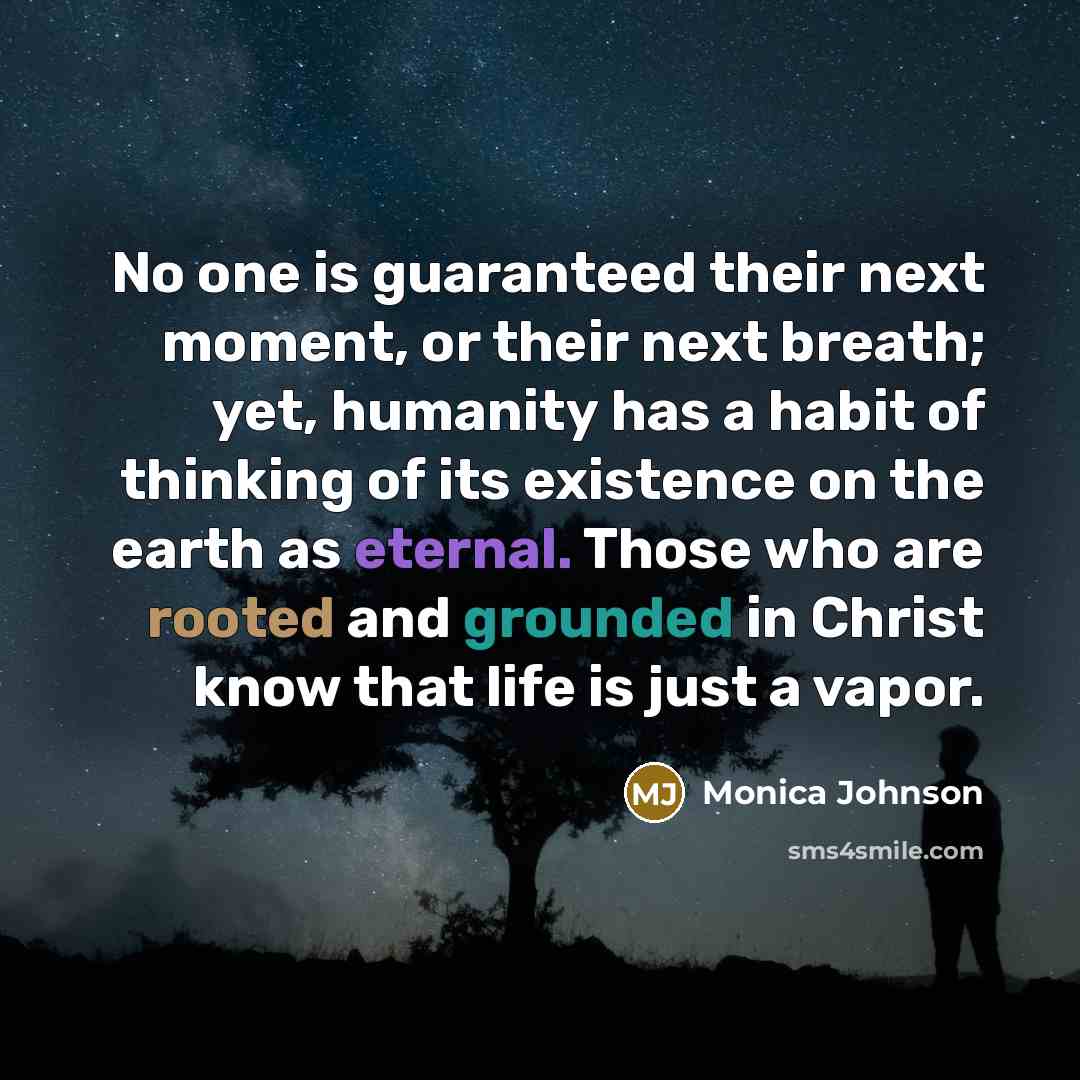 “No one is guaranteed their next moment, or their next breath; yet, humanity has a habit of thinking of its existence on the earth as eternal. Those who are rooted and grounded in Christ know that life is just a vapor.” quote by Monica Johnson