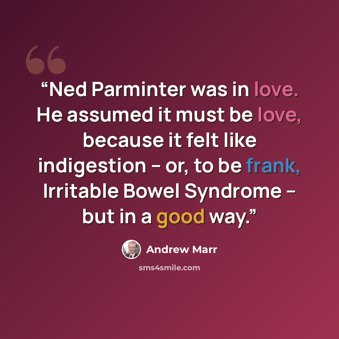 “Ned Parminter was in love. He assumed it must be love, because it felt like indigestion – or, to be frank, Irritable Bowel Syndrome – but in a good way.” quote by Andrew Marr