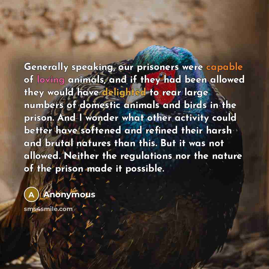 “Generally speaking, our prisoners were capable of loving animals, and if they had been allowed they would have delighted to rear large numbers of domestic animals and birds in the prison. And I wonder what other activity could better have softened and refined their harsh and brutal natures than…” quote by Anonymous