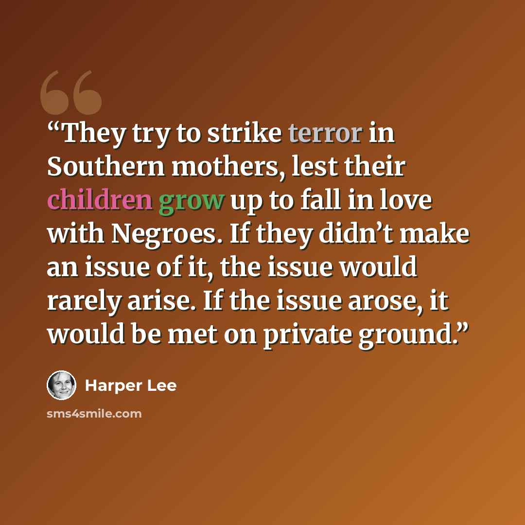 “They try to strike terror in Southern mothers, lest their children grow up to fall in love with Negroes. If they didn’t make an issue of it, the issue would rarely arise. If the issue arose, it would be met on private ground.” quote by Harper Lee