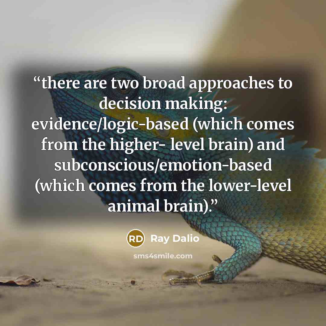 “there are two broad approaches to decision making: evidence/logic-based (which comes from the higher- level brain) and subconscious/emotion-based (which comes from the lower-level animal brain).” quote by Ray Dalio