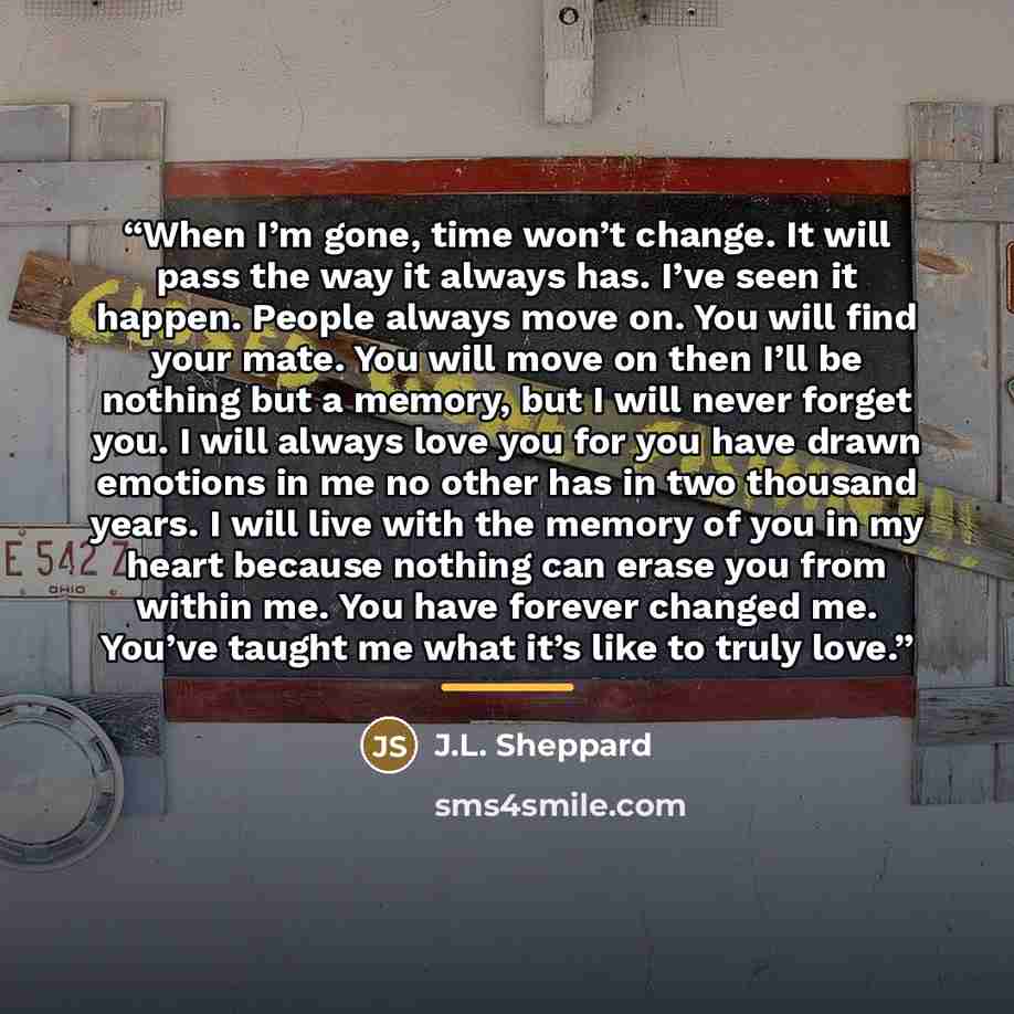 “When I’m gone, time won’t change. It will pass the way it always has. I’ve seen it happen. People always move on. You will find your mate. You will move on then I’ll be nothing but a memory, but I will never forget you. I will always love you for you have drawn emotions in me no other has in two…” quote by J.L. Sheppard
