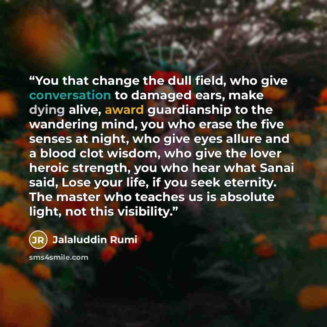 “You that change the dull field, who give conversation to damaged ears, make dying alive, award guardianship to the wandering mind, you who erase the five senses at night, who give eyes allure and a blood clot wisdom, who give the lover heroic strength, you who hear what Sanai said, Lose your life…” quote by Jalaluddin Rumi