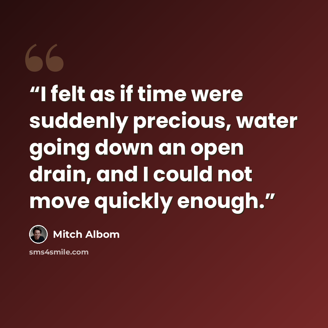 “I felt as if time were suddenly precious, water going down an open drain, and I could not move quickly enough.” quote by Mitch Albom