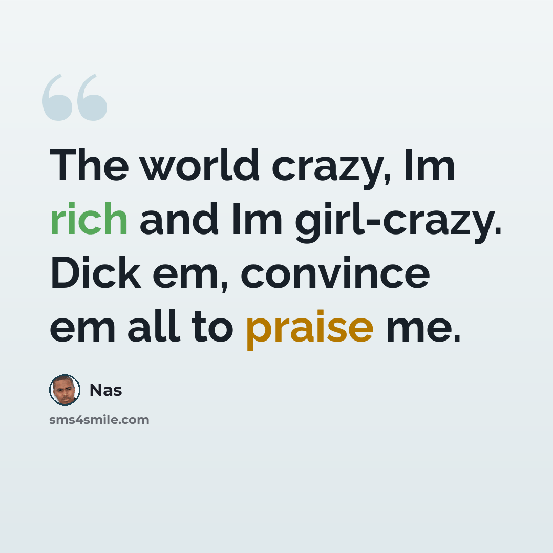 “The world crazy, Im rich and Im girl-crazy. Dick em, convince em all to praise me.” quote by Nas