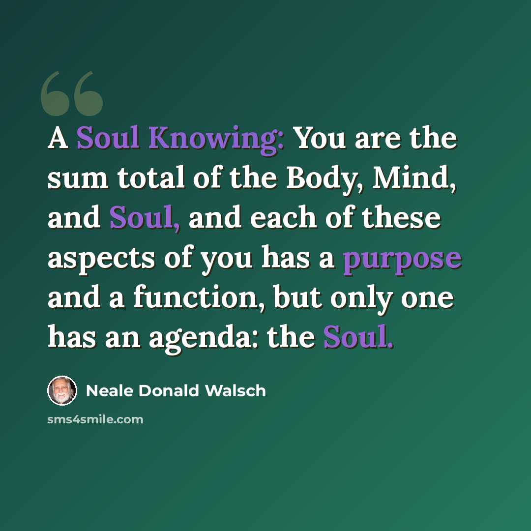 “A Soul Knowing: You are the sum total of the Body, Mind, and Soul, and each of these aspects of you has a purpose and a function, but only one has an agenda: the Soul.” quote by Neale Donald Walsch