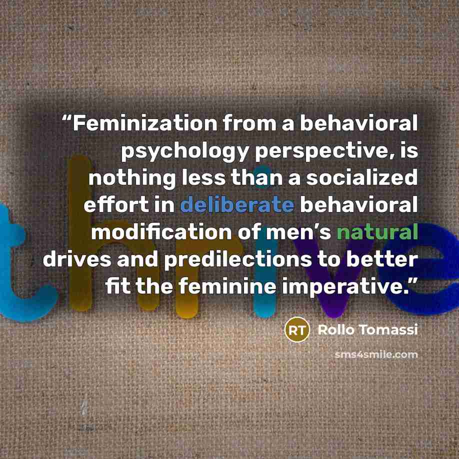 “Feminization from a behavioral psychology perspective, is nothing less than a socialized effort in deliberate behavioral modification of men’s natural drives and predilections to better fit the feminine imperative.” quote by Rollo Tomassi