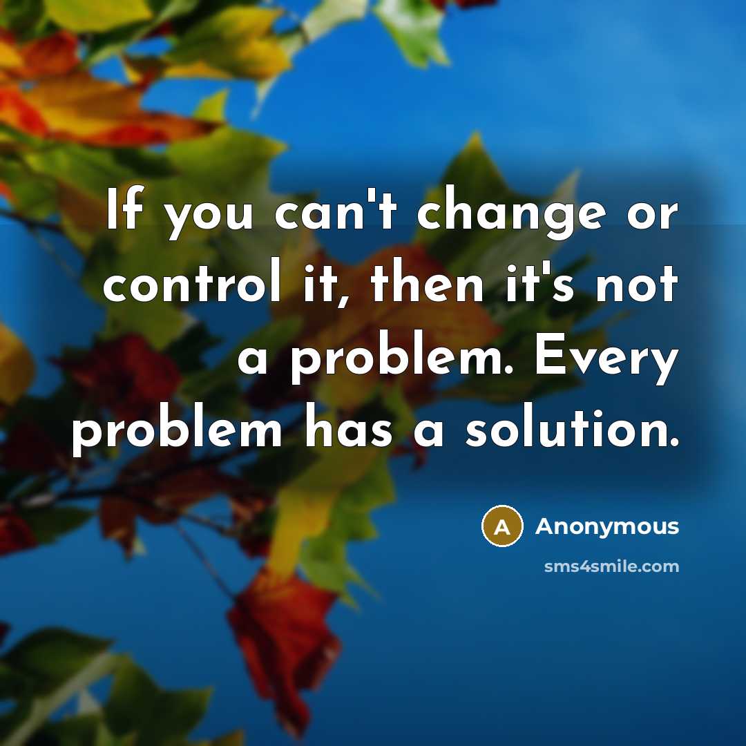 “If you can't change or control it, then it's not a problem. Every problem has a solution.” quote by Anonymous