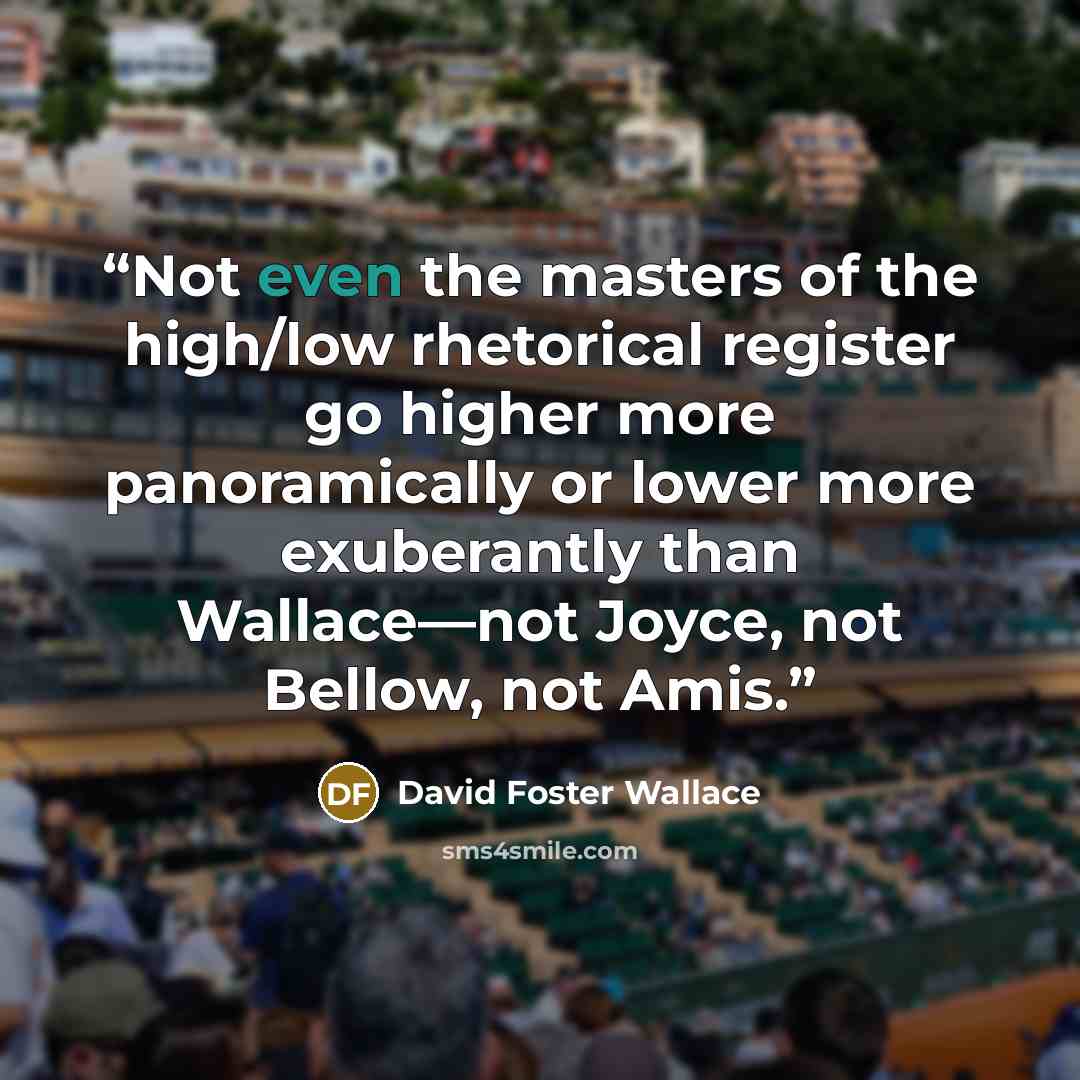 “Not even the masters of the high/low rhetorical register go higher more panoramically or lower more exuberantly than Wallace—not Joyce, not Bellow, not Amis.” quote by David Foster Wallace
