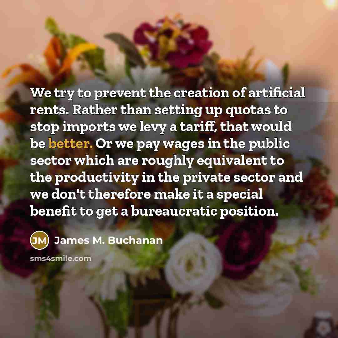 “We try to prevent the creation of artificial rents. Rather than setting up quotas to stop imports we levy a tariff, that would be better. Or we pay wages in the public sector which are roughly equivalent to the productivity in the private sector and we don't therefore make it a special benefit to…” quote by James M. Buchanan