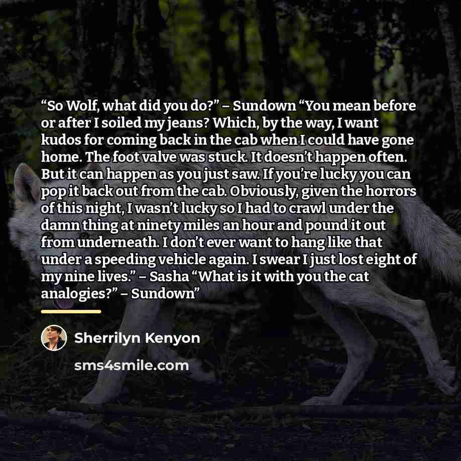 “So Wolf, what did you do?” – Sundown “You mean before or after I soiled my jeans? Which, by the way, I want kudos for coming back in the cab when I could have gone home. The foot valve was stuck. It doesn’t happen often. But it can happen as you just saw. If you’re lucky you can pop it back out…” quote by Sherrilyn Kenyon