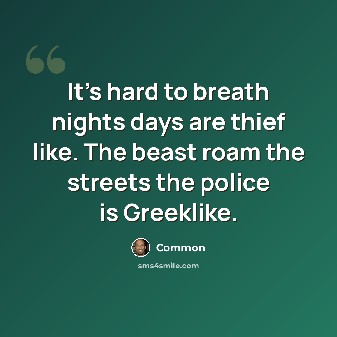 “It's hard to breath nights days are thief like. The beast roam the streets the police is Greeklike.” quote by Common