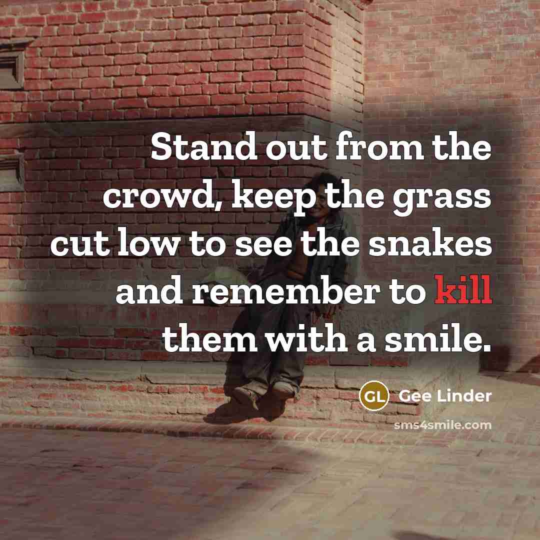 “Stand out from the crowd, keep the grass cut low to see the snakes and remember to kill them with a smile.” quote by Gee Linder