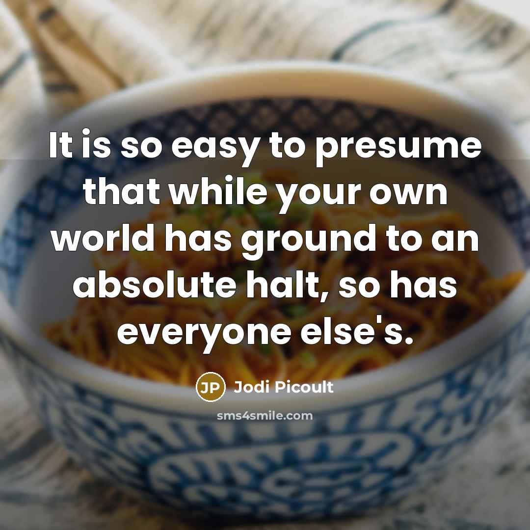 “It is so easy to presume that while your own world has ground to an absolute halt, so has everyone else's.” quote by Jodi Picoult
