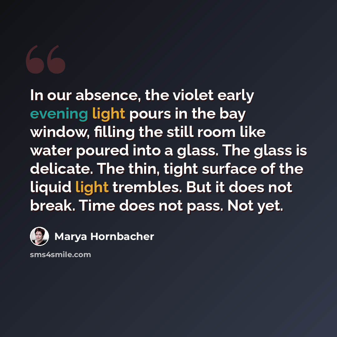 “In our absence, the violet early evening light pours in the bay window, filling the still room like water poured into a glass. The glass is delicate. The thin, tight surface of the liquid light trembles. But it does not break. Time does not pass. Not yet.” quote by Marya Hornbacher
