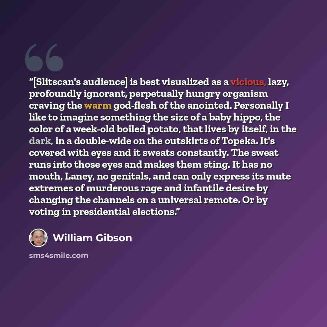“[Slitscan's audience] is best visualized as a vicious, lazy, profoundly ignorant, perpetually hungry organism craving the warm god-flesh of the anointed. Personally I like to imagine something the size of a baby hippo, the color of a week-old boiled potato, that lives by itself, in the dark, in a…” quote by William Gibson