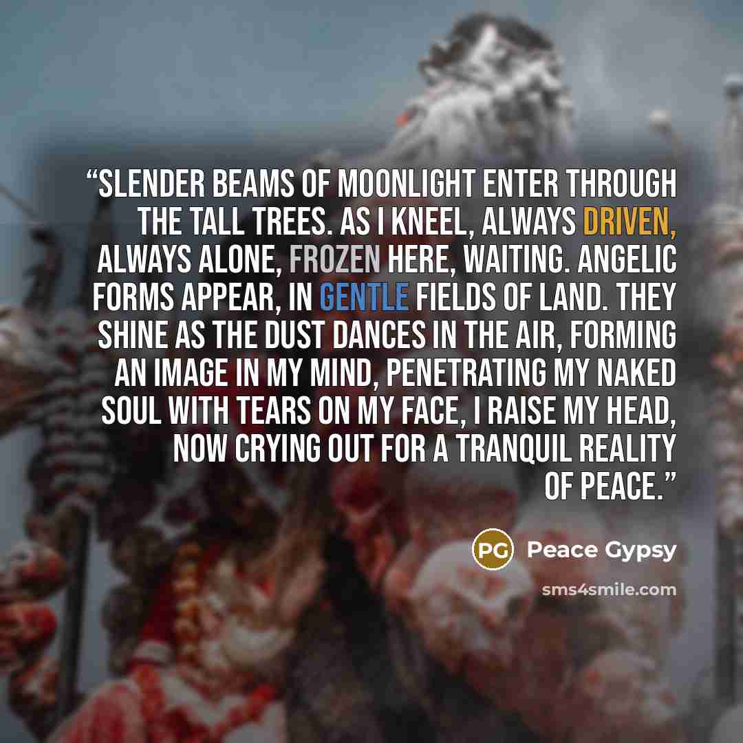 “Slender beams of moonlight enter through the tall trees. As I kneel, always driven, always alone, frozen here, waiting. Angelic forms appear, in gentle fields of land. They shine as the dust dances in the air, forming an image in my mind, Penetrating my naked soul with tears on my face, I raise my…” quote by Peace Gypsy