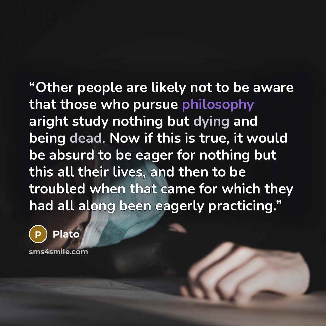 “Other people are likely not to be aware that those who pursue philosophy aright study nothing but dying and being dead. Now if this is true, it would be absurd to be eager for nothing but this all their lives, and then to be troubled when that came for which they had all along been eagerly…” quote by Plato
