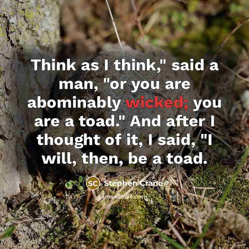 “Think as I think," said a man, "or you are abominably wicked; you are a toad." And after I thought of it, I said, "I will, then, be a toad.” quote by Stephen Crane