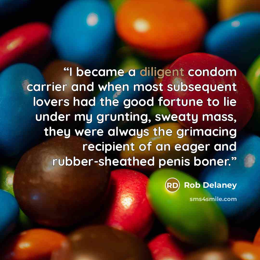 “I became a diligent condom carrier and when most subsequent lovers had the good fortune to lie under my grunting, sweaty mass, they were always the grimacing recipient of an eager and rubber-sheathed penis boner.” quote by Rob Delaney