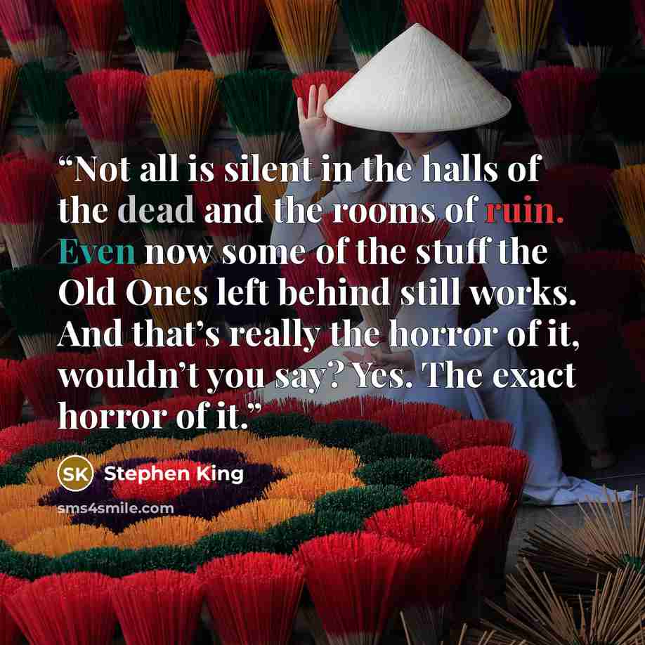 “Not all is silent in the halls of the dead and the rooms of ruin. Even now some of the stuff the Old Ones left behind still works. And that’s really the horror of it, wouldn’t you say? Yes. The exact horror of it.” quote by Stephen King
