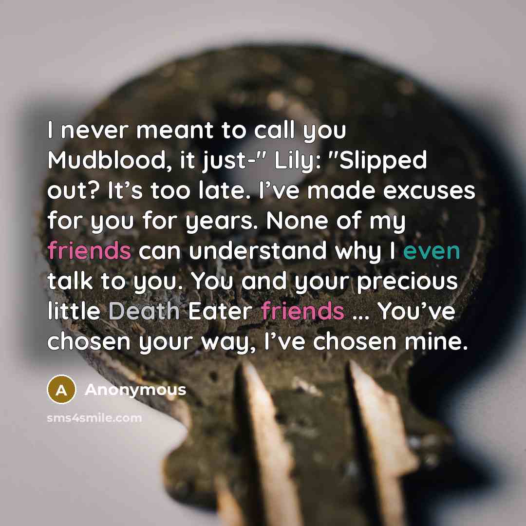 “I never meant to call you Mudblood, it just-" Lily: "Slipped out? It’s too late. I’ve made excuses for you for years. None of my friends can understand why I even talk to you. You and your precious little Death Eater friends ... You’ve chosen your way, I’ve chosen mine.” quote by Anonymous