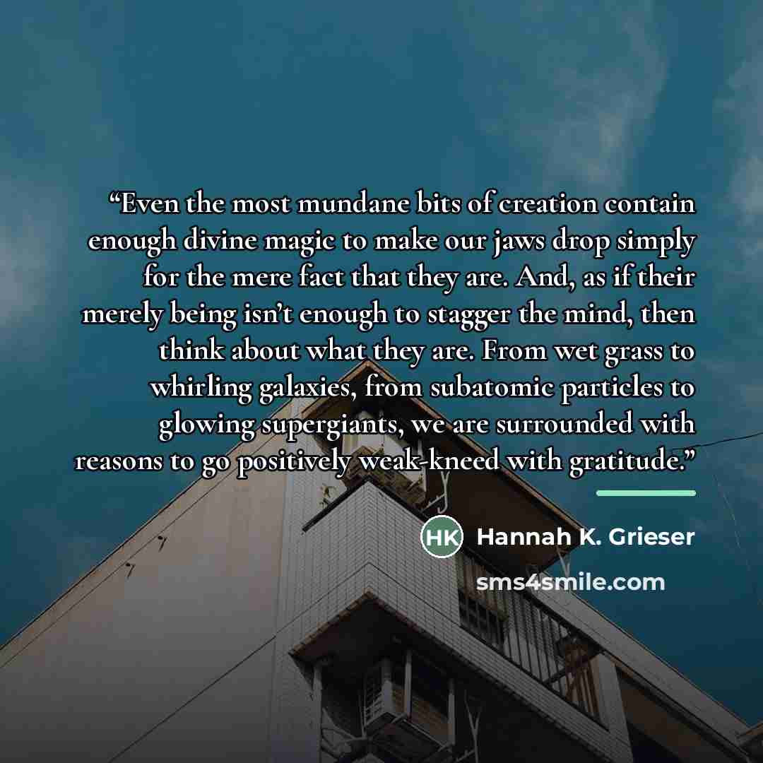 “Even the most mundane bits of creation contain enough divine magic to make our jaws drop simply for the mere fact that they are. And, as if their merely being isn’t enough to stagger the mind, then think about what they are. From wet grass to whirling galaxies, from subatomic particles to glowing…” quote by Hannah K. Grieser
