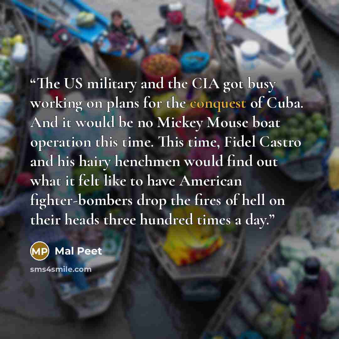“The US military and the CIA got busy working on plans for the conquest of Cuba. And it would be no Mickey Mouse boat operation this time. This time, Fidel Castro and his hairy henchmen would find out what it felt like to have American fighter-bombers drop the fires of hell on their heads three…” quote by Mal Peet