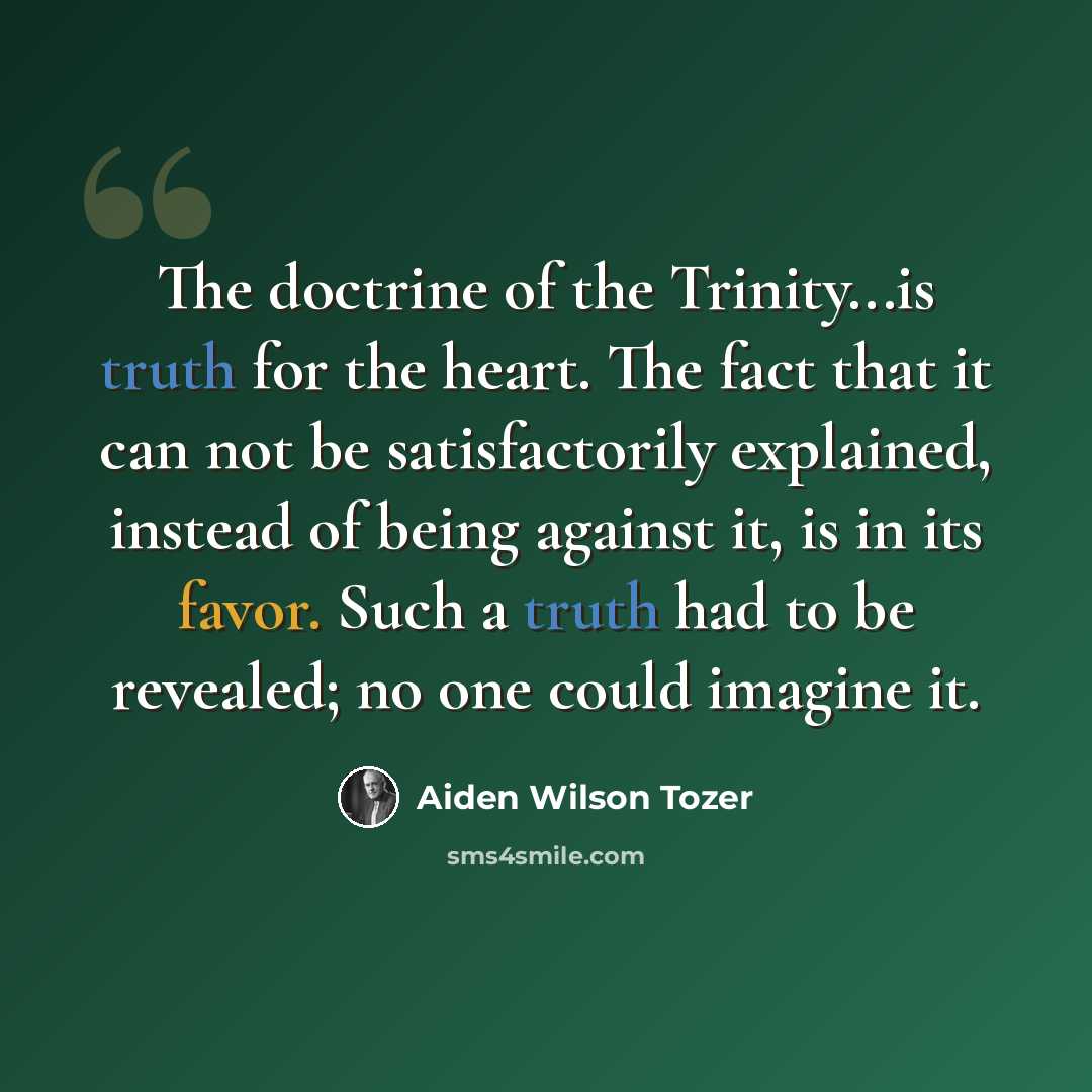 “The doctrine of the Trinity...is truth for the heart. The fact that it can not be satisfactorily explained, instead of being against it, is in its favor. Such a truth had to be revealed; no one could imagine it.” quote by Aiden Wilson Tozer