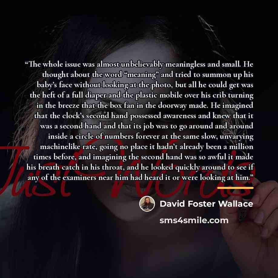 “The whole issue was almost unbelievably meaningless and small. He thought about the word “meaning” and tried to summon up his baby’s face without looking at the photo, but all he could get was the heft of a full diaper and the plastic mobile over his crib turning in the breeze that the box fan in…” quote by David Foster Wallace