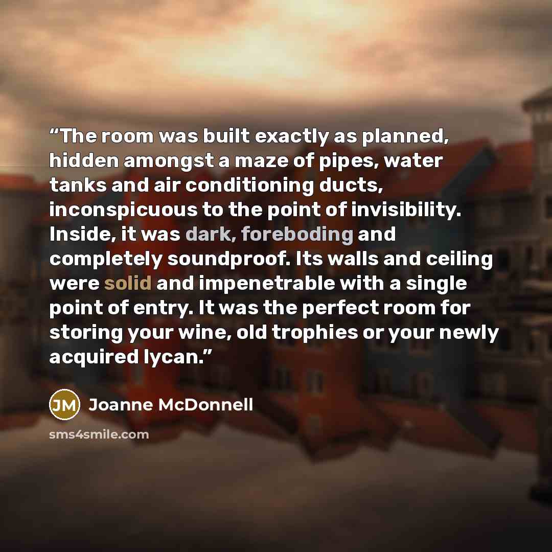 “The room was built exactly as planned, hidden amongst a maze of pipes, water tanks and air conditioning ducts, inconspicuous to the point of invisibility. Inside, it was dark, foreboding and completely soundproof. Its walls and ceiling were solid and impenetrable with a single point of entry. It…” quote by Joanne McDonnell
