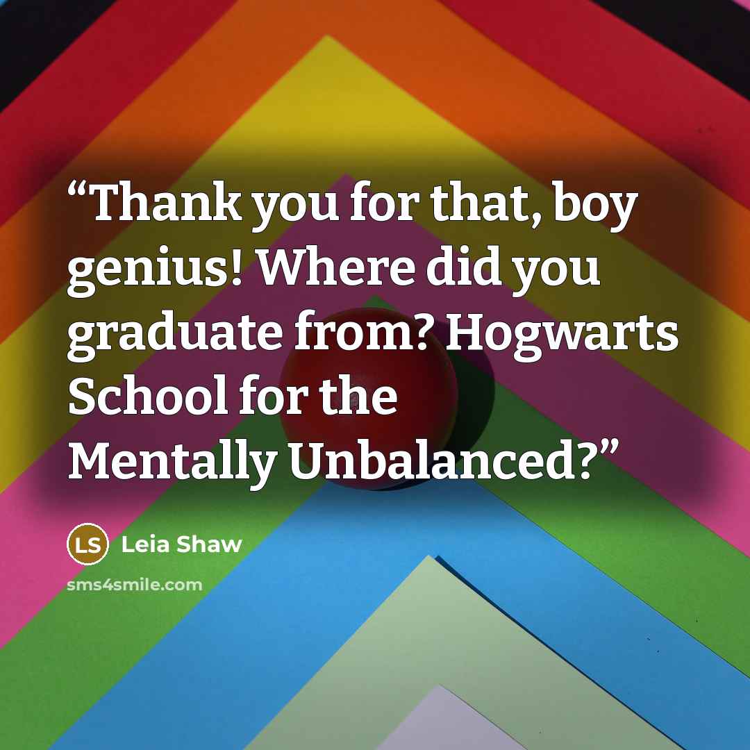 “Thank you for that, boy genius! Where did you graduate from? Hogwarts School for the Mentally Unbalanced?” quote by Leia Shaw