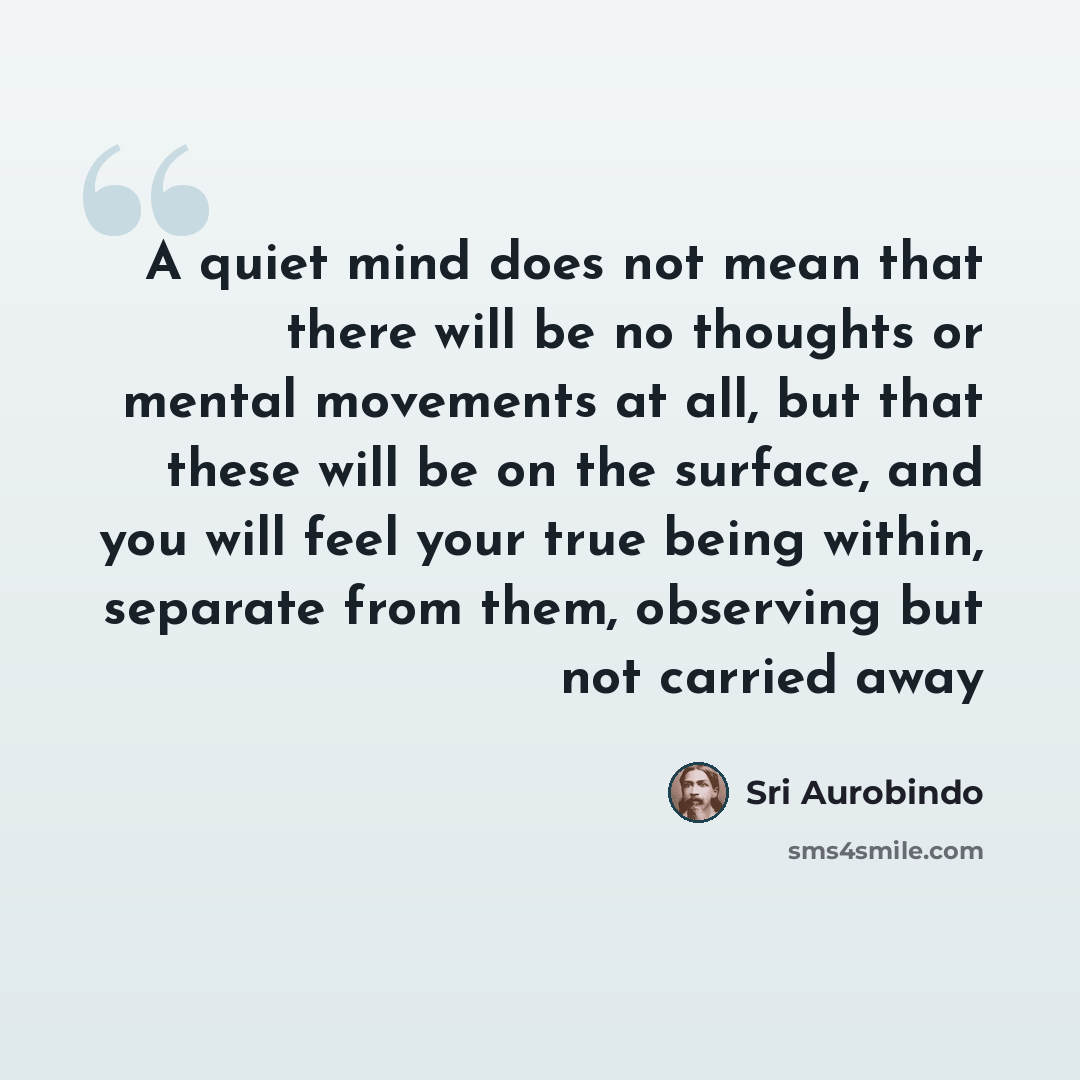 “A quiet mind does not mean that there will be no thoughts or mental movements at all, but that these will be on the surface, and you will feel your true being within, separate from them, observing but not carried away” quote by Sri Aurobindo