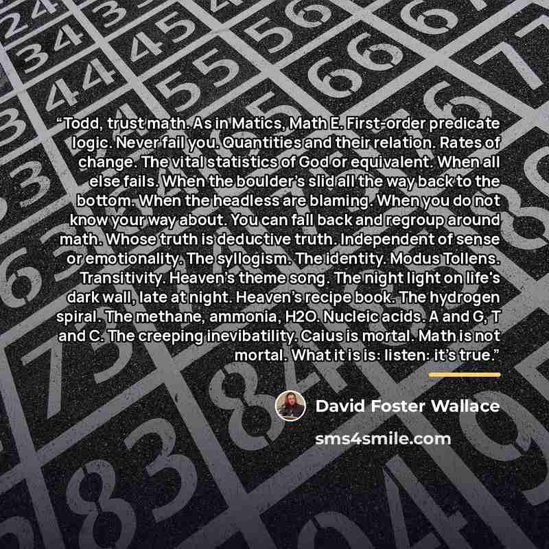 “Todd, trust math. As in Matics, Math E. First-order predicate logic. Never fail you. Quantities and their relation. Rates of change. The vital statistics of God or equivalent. When all else fails. When the boulder's slid all the way back to the bottom. When the headless are blaming. When you do…” quote by David Foster Wallace