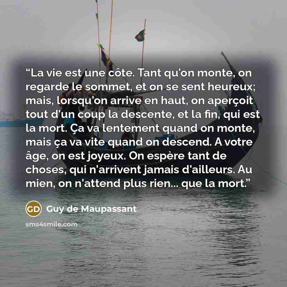 “La vie est une côte. Tant qu'on monte, on regarde le sommet, et on se sent heureux; mais, lorsqu'on arrive en haut, on aperçoit tout d'un coup la descente, et la fin, qui est la mort. Ça va lentement quand on monte, mais ça va vite quand on descend. A votre âge, on est joyeux. On espère tant de…” quote by Guy de Maupassant