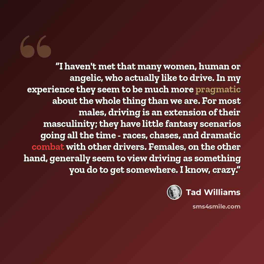 “I haven't met that many women, human or angelic, who actually like to drive. In my experience they seem to be much more pragmatic about the whole thing than we are. For most males, driving is an extension of their masculinity; they have little fantasy scenarios going all the time - races, chases…” quote by Tad Williams