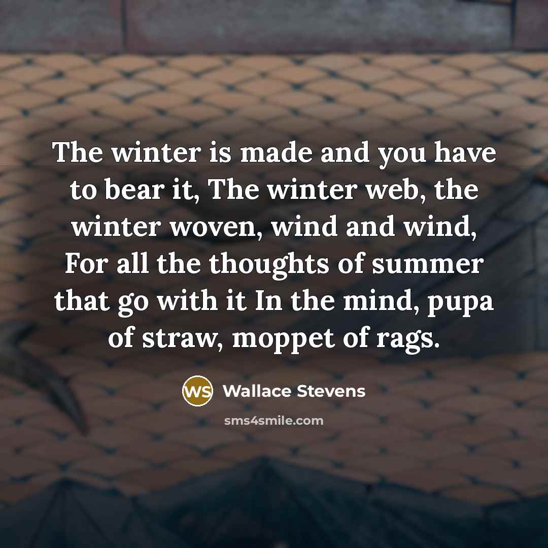 “The winter is made and you have to bear it, The winter web, the winter woven, wind and wind, For all the thoughts of summer that go with it In the mind, pupa of straw, moppet of rags.” quote by Wallace Stevens