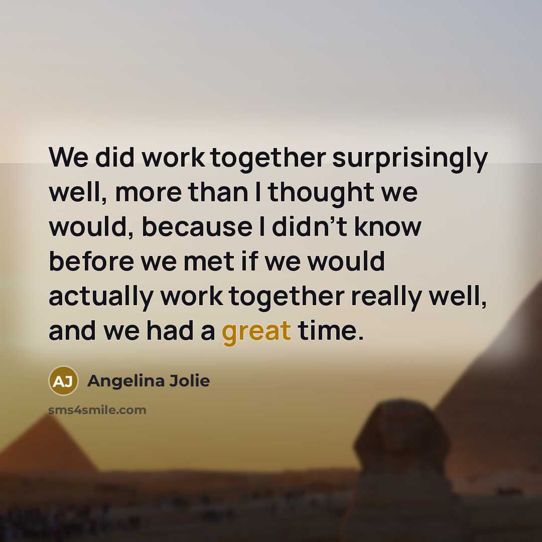 “We did work together surprisingly well, more than I thought we would, because I didn't know before we met if we would actually work together really well, and we had a great time.” quote by Angelina Jolie