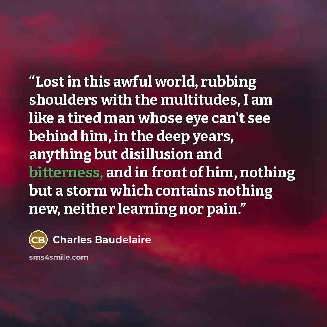 “Lost in this awful world, rubbing shoulders with the multitudes, I am like a tired man whose eye can't see behind him, in the deep years, anything but disillusion and bitterness, and in front of him, nothing but a storm which contains nothing new, neither learning nor pain.” quote by Charles Baudelaire