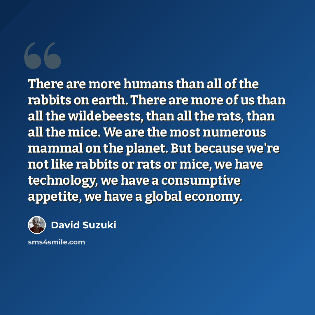 “There are more humans than all of the rabbits on earth. There are more of us than all the wildebeests, than all the rats, than all the mice. We are the most numerous mammal on the planet. But because we're not like rabbits or rats or mice, we have technology, we have a consumptive appetite, we…” quote by David Suzuki
