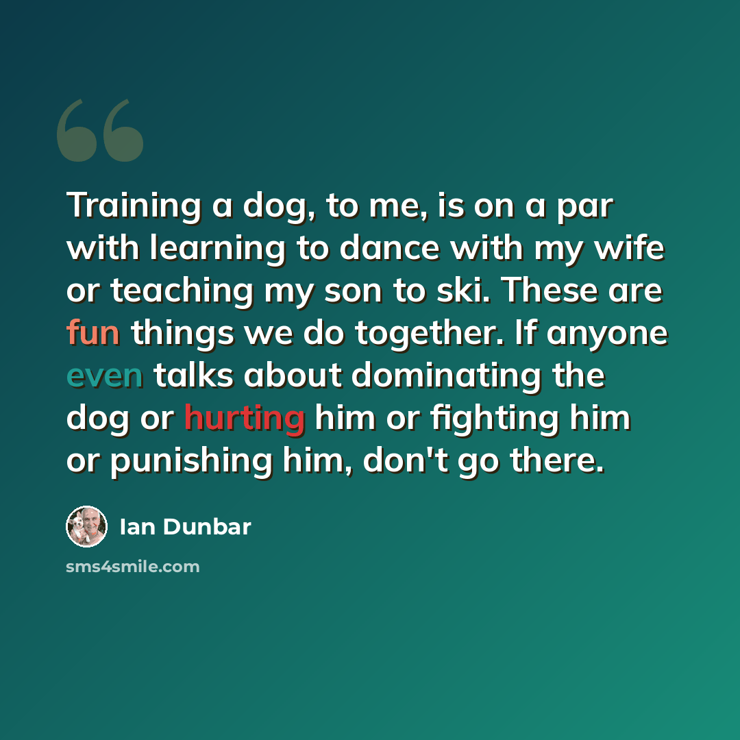 “Training a dog, to me, is on a par with learning to dance with my wife or teaching my son to ski. These are fun things we do together. If anyone even talks about dominating the dog or hurting him or fighting him or punishing him, don't go there.” quote by Ian Dunbar