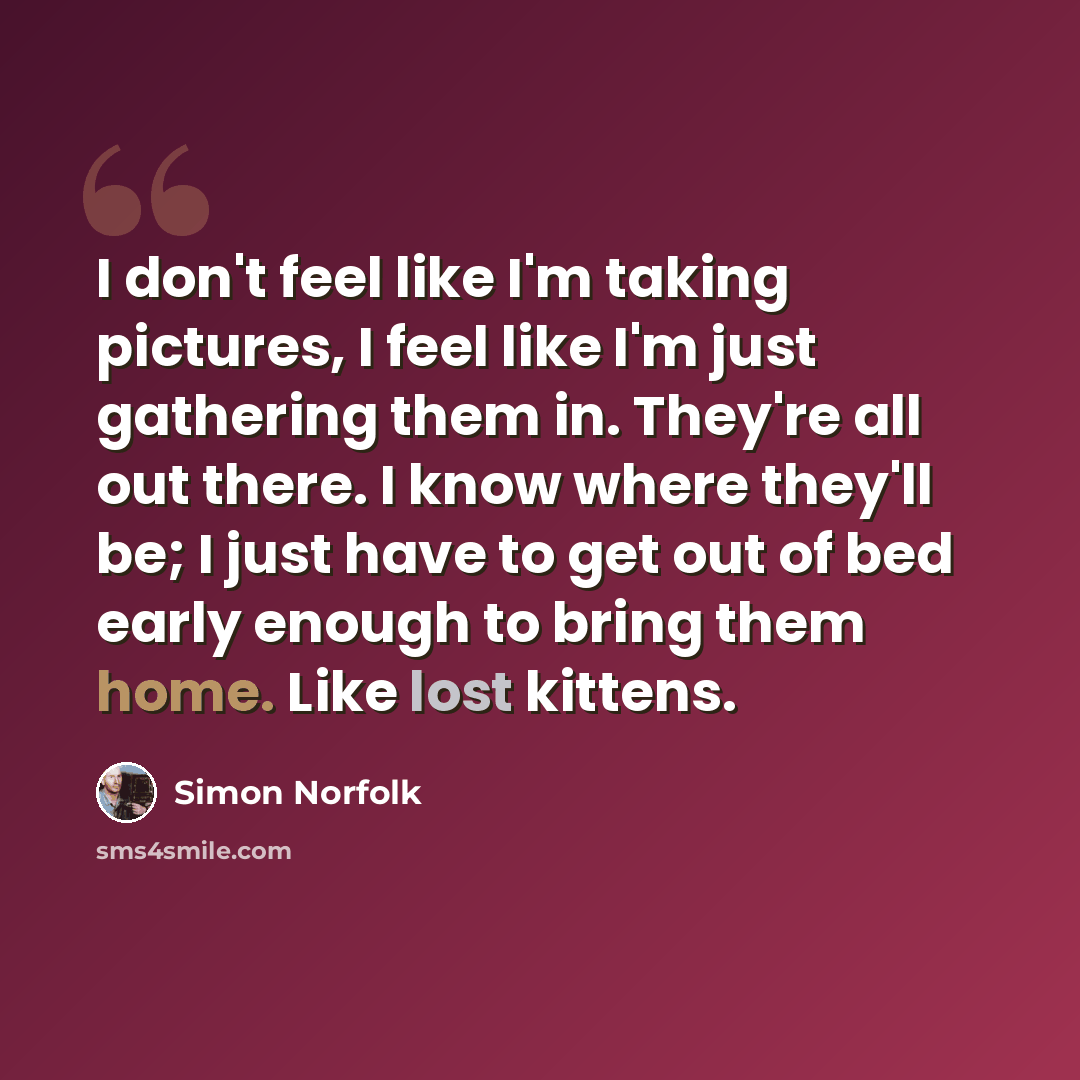 “I don't feel like I'm taking pictures, I feel like I'm just gathering them in. They're all out there. I know where they'll be; I just have to get out of bed early enough to bring them home. Like lost kittens.” quote by Simon Norfolk